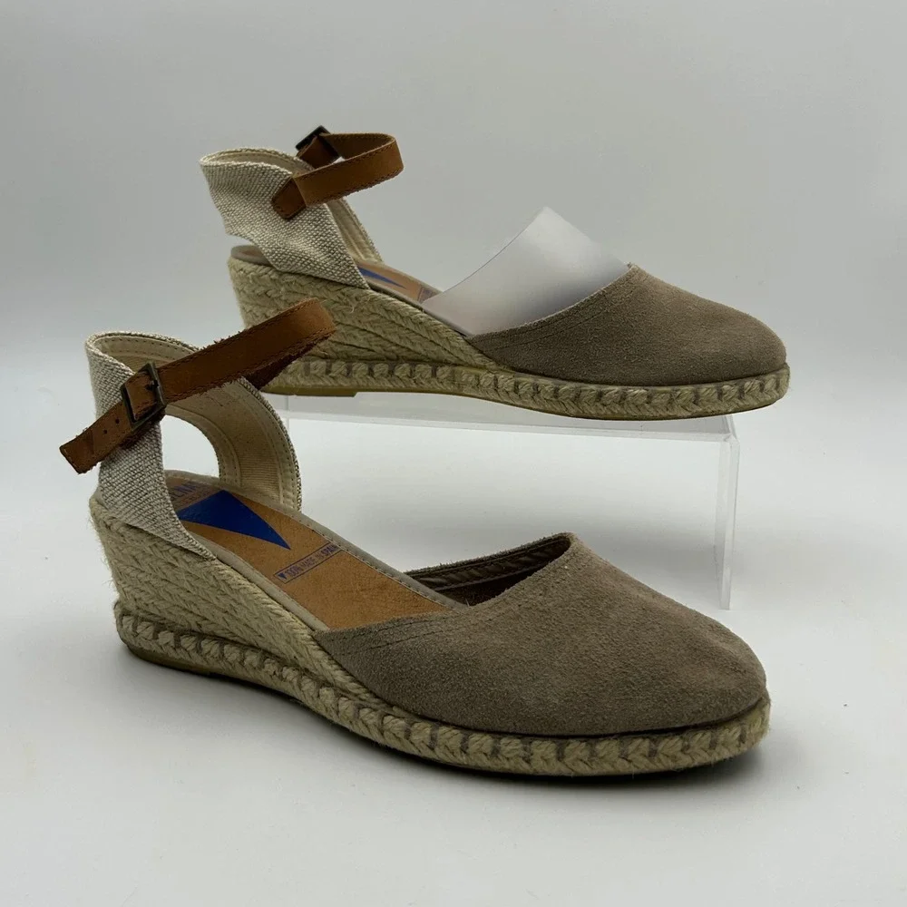 Verbenas Espadrille Wedge Sandals Womens 38 Taupe Suede Ankle Strap Boho Summer‎